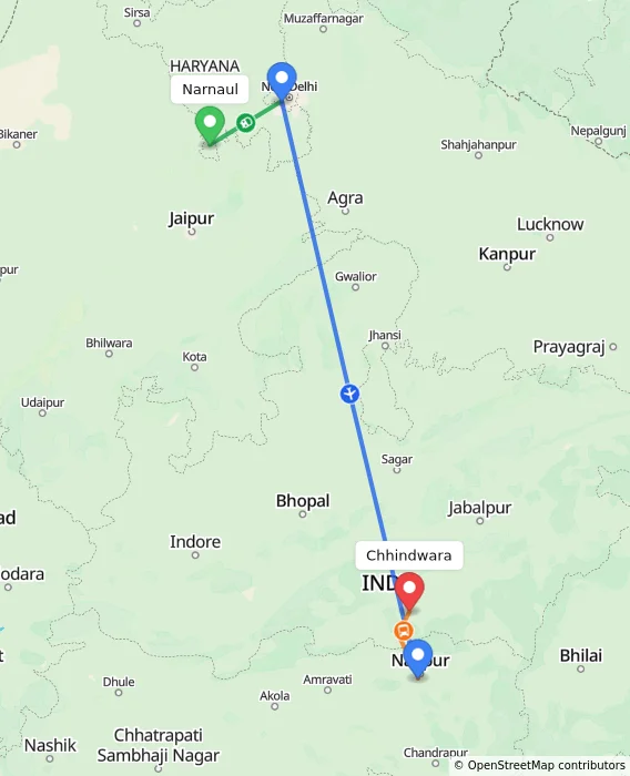 Route map showing distance and travel time from Narnaul, India to Chhindwara, India