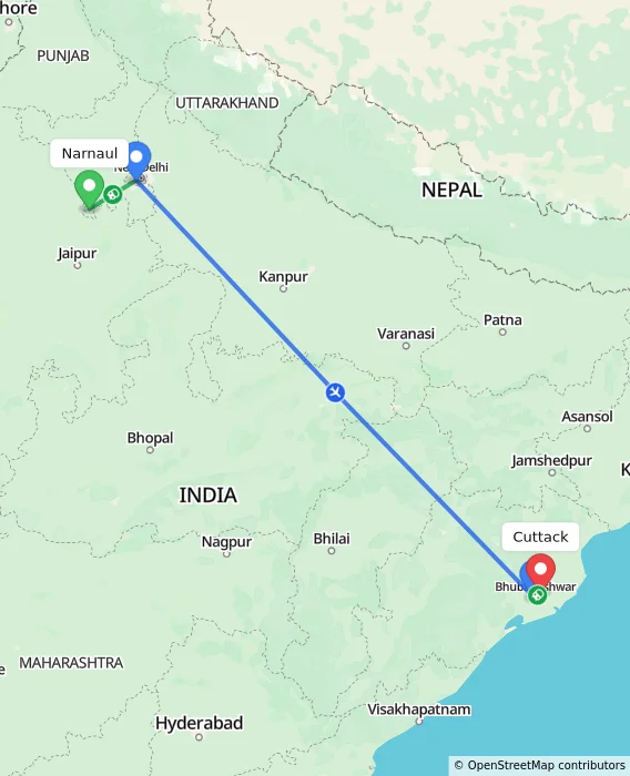 Route map showing distance and travel time from Narnaul, India to Cuttack, India