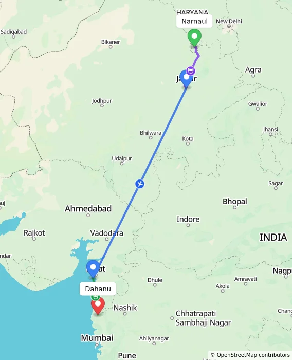 Route map showing distance and travel time from Narnaul, India to Dahanu, India