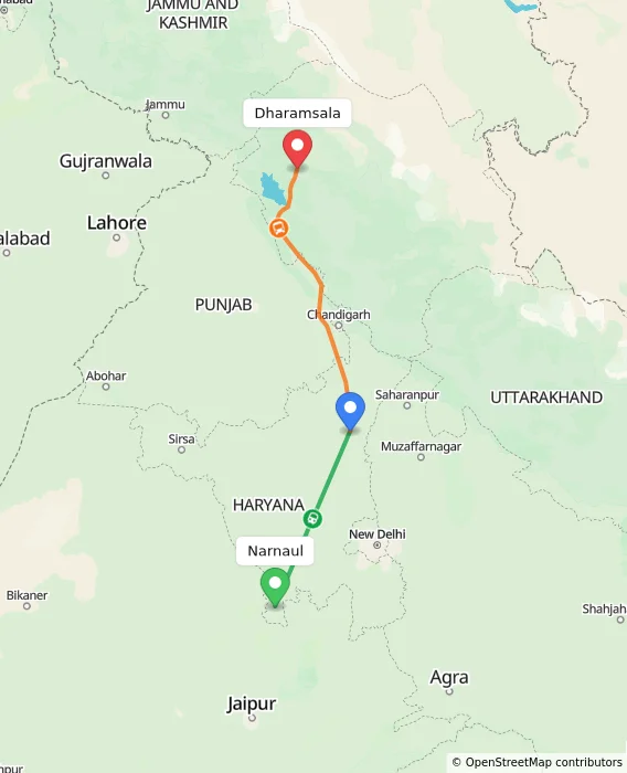 Route map showing distance and travel time from Narnaul, India to Dharamsala, India