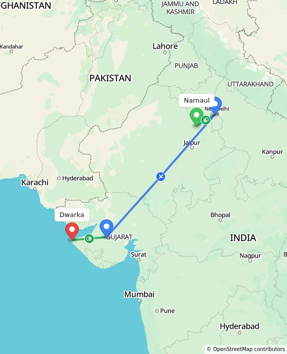 Route map showing distance and travel time from Narnaul, India to Dwarka, India