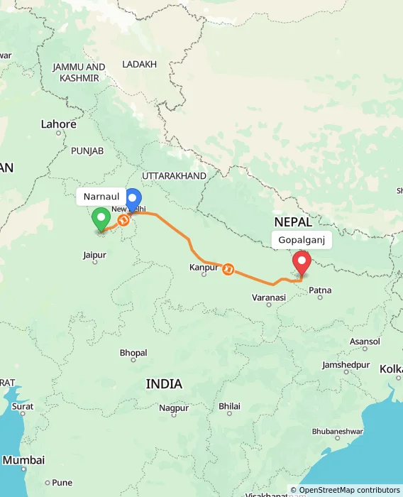 Route map showing distance and travel time from Narnaul, India to Gopalganj, India