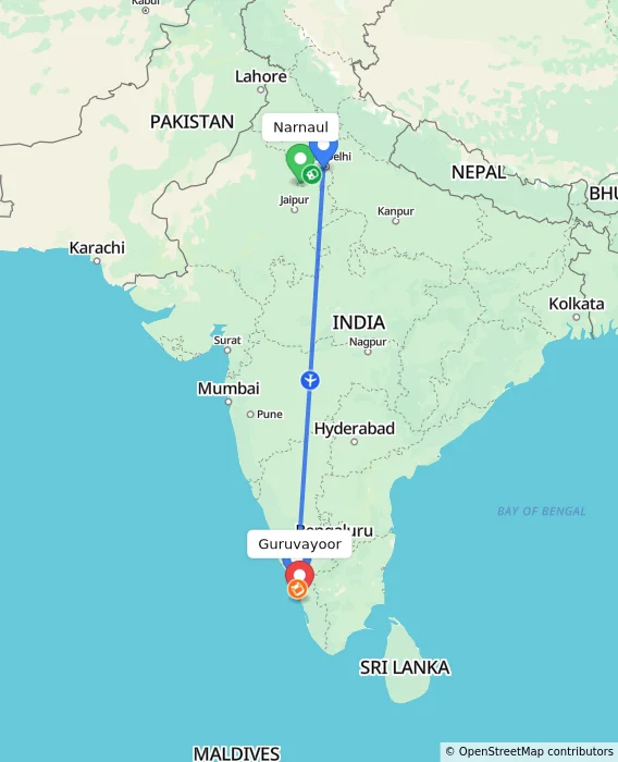 Route map showing distance and travel time from Narnaul, India to Guruvayoor, India
