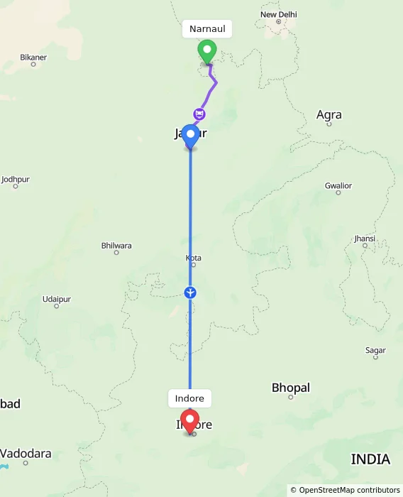 Route map showing distance and travel time from Narnaul, India to Indore, India