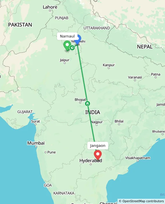 Route map showing distance and travel time from Narnaul, India to Jangaon, India