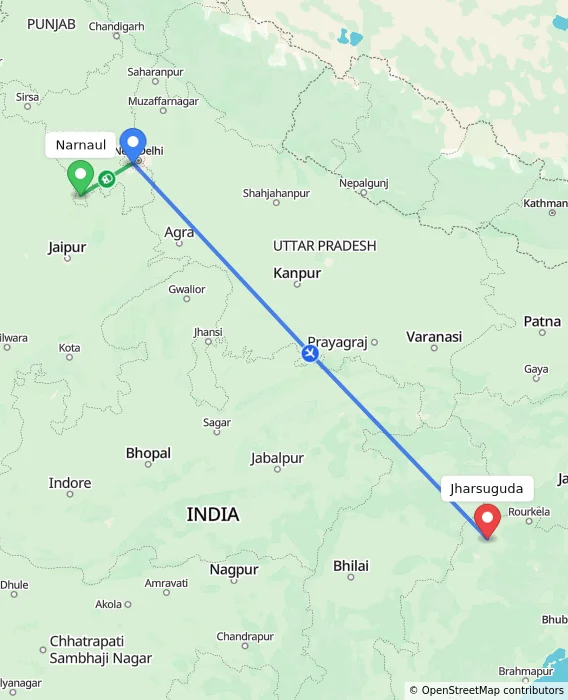 Route map showing distance and travel time from Narnaul, India to Jharsuguda, India