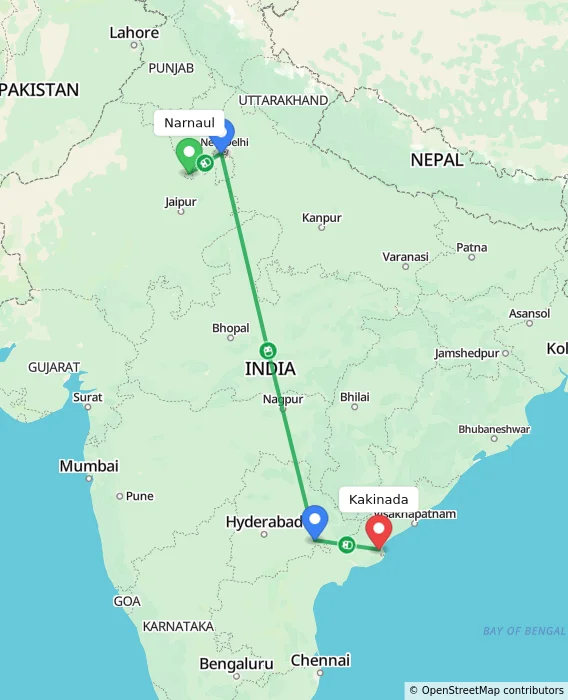 Route map showing distance and travel time from Narnaul, India to Kakinada, India