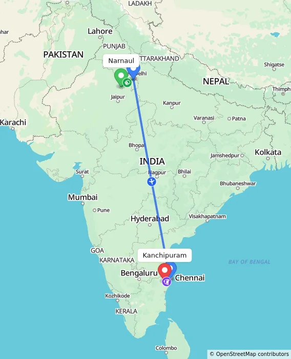Route map showing distance and travel time from Narnaul, India to Kanchipuram, India