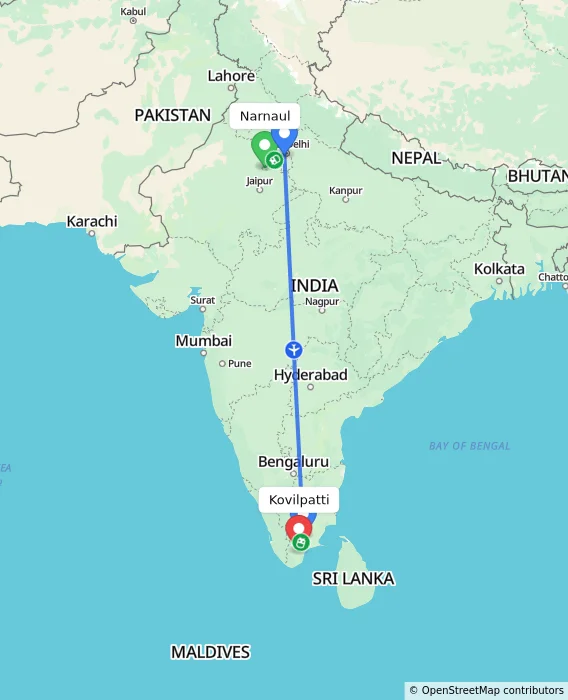 Route map showing distance and travel time from Narnaul, India to Kovilpatti, India