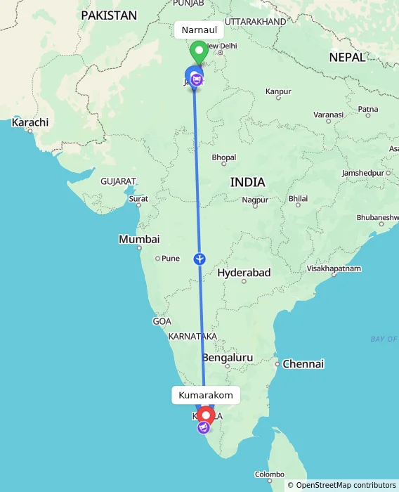 Route map showing distance and travel time from Narnaul, India to Kumarakom, India
