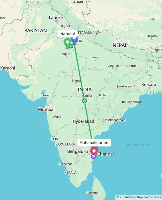 Route map showing distance and travel time from Narnaul, India to Mahabalipuram, India