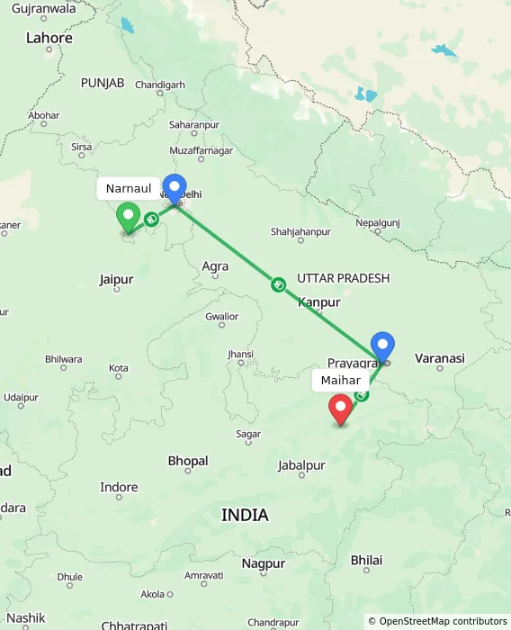 Route map showing distance and travel time from Narnaul, India to Maihar, India