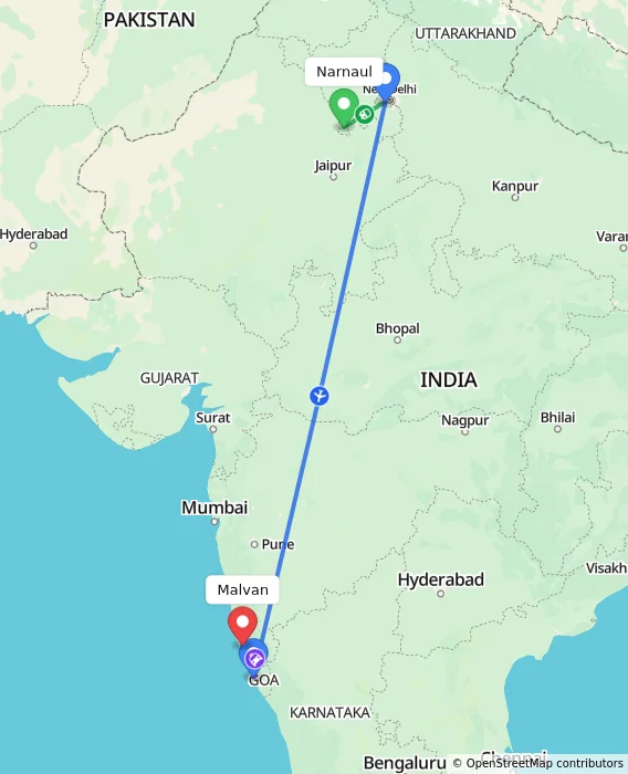 Route map showing distance and travel time from Narnaul, India to Malvan, India