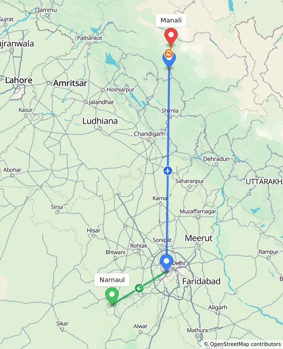 Route map showing distance and travel time from Narnaul, India to Manali, India