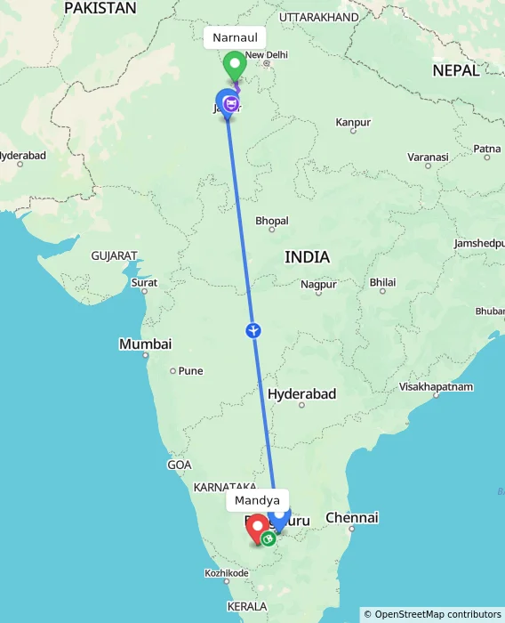 Route map showing distance and travel time from Narnaul, India to Mandya, India