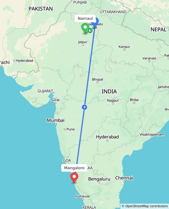 Route map showing distance and travel time from Narnaul, India to Mangalore, India