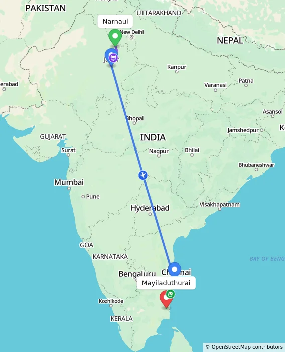 Route map showing distance and travel time from Narnaul, India to Mayiladuthurai, India