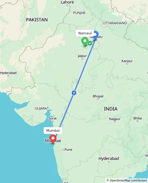 Route map showing distance and travel time from Narnaul, India to Mumbai, India