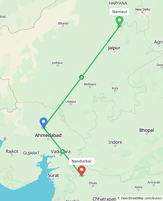 Route map showing distance and travel time from Narnaul, India to Nandurbar, India