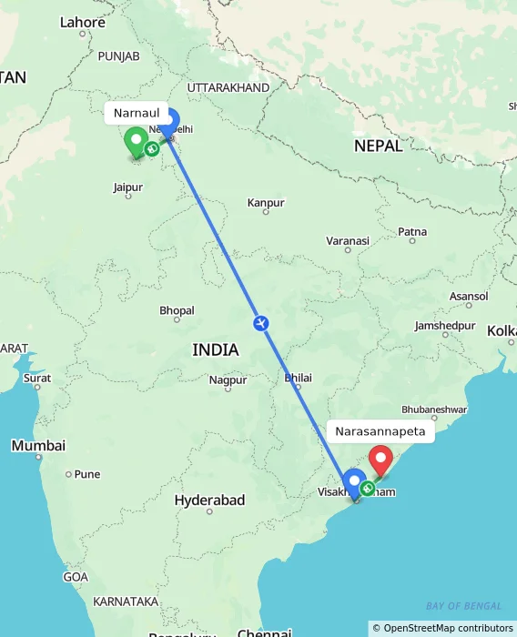 Route map showing distance and travel time from Narnaul, India to Narasannapeta, India