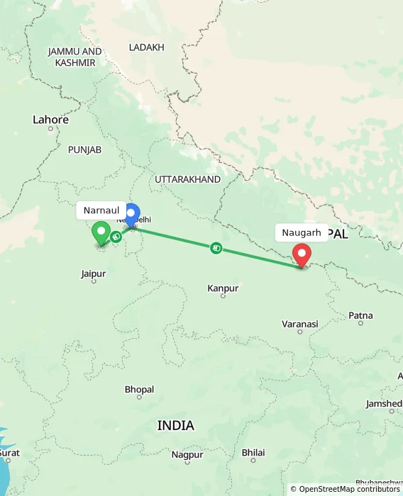 Route map showing distance and travel time from Narnaul, India to Naugarh, India