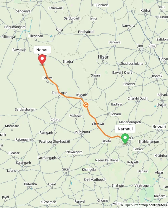 Route map showing distance and travel time from Narnaul, India to Nohar, India