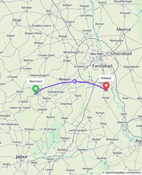 Route map showing distance and travel time from Narnaul, India to Palwal, India