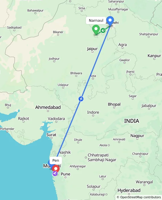 Route map showing distance and travel time from Narnaul, India to Pen, India