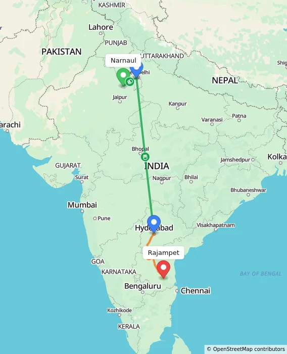 Route map showing distance and travel time from Narnaul, India to Rajampet, India