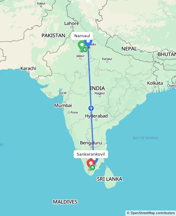 Route map showing distance and travel time from Narnaul, India to Sankarankovil, India