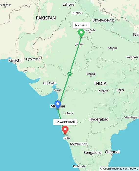 Route map showing distance and travel time from Narnaul, India to Sawantwadi, India