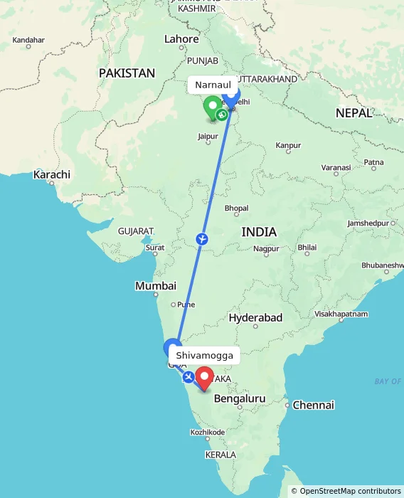 Route map showing distance and travel time from Narnaul, India to Shivamogga, India