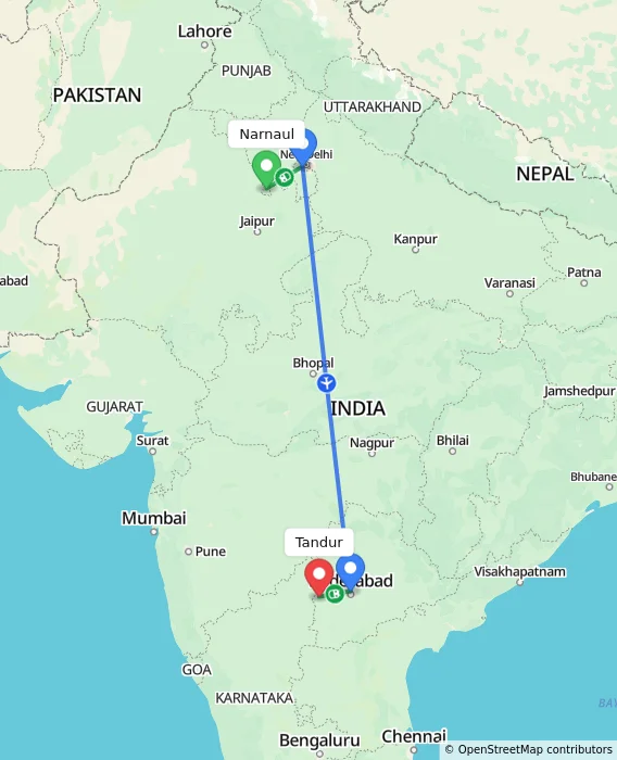 Route map showing distance and travel time from Narnaul, India to Tandur, India