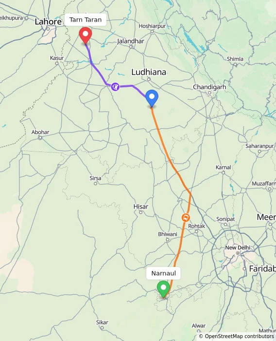 Route map showing distance and travel time from Narnaul, India to Tarn Taran, India