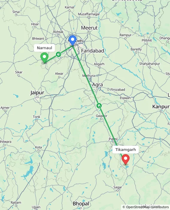 Route map showing distance and travel time from Narnaul, India to Tikamgarh, India