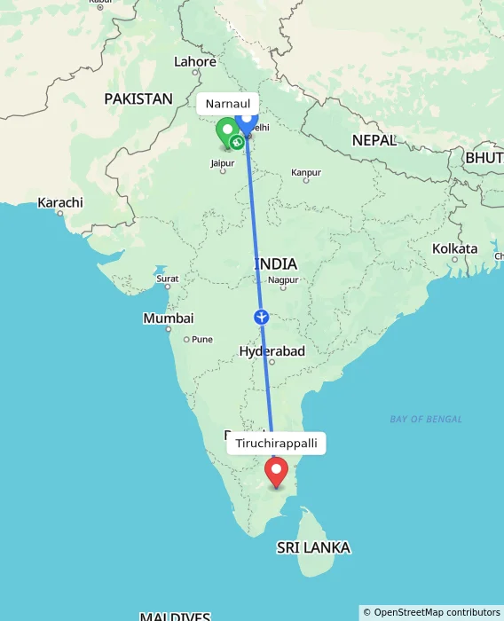 Route map showing distance and travel time from Narnaul, India to Tiruchirappalli, India