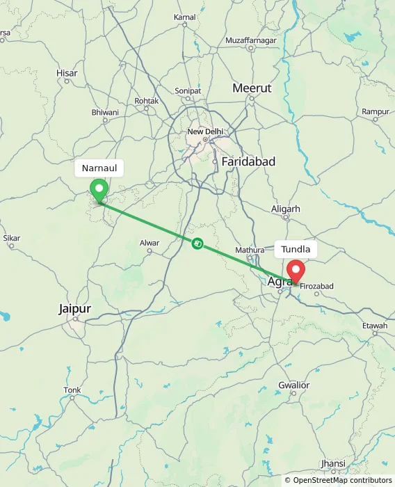 Route map showing distance and travel time from Narnaul, India to Tundla, India