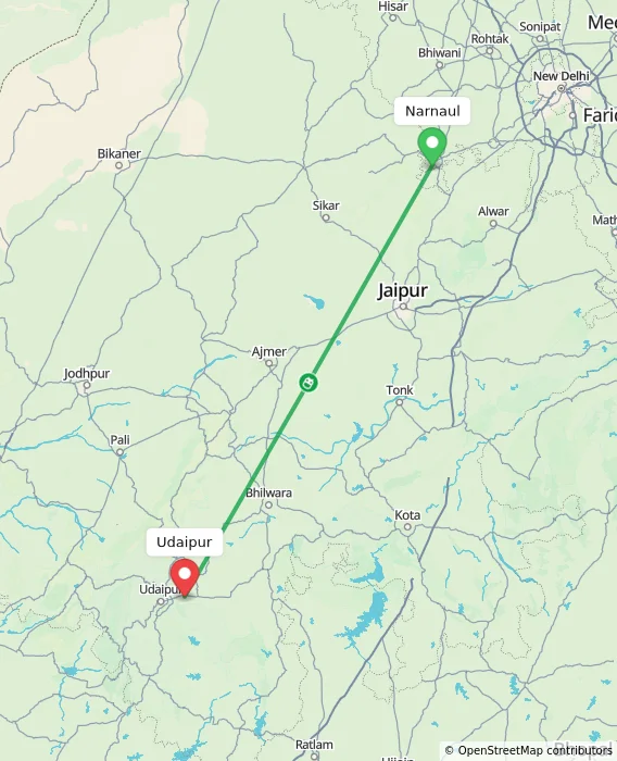 Route map showing distance and travel time from Narnaul, India to Udaipur, India