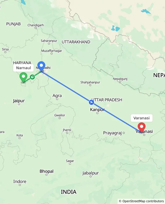 Route map showing distance and travel time from Narnaul, India to Varanasi, India