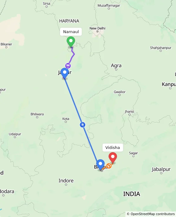 Route map showing distance and travel time from Narnaul, India to Vidisha, India