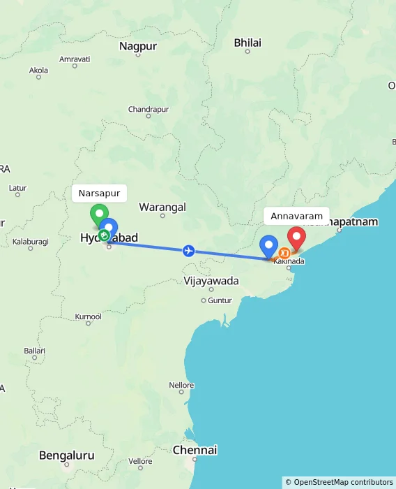 Route map showing distance and travel time from Narsapur, India to Annavaram, India