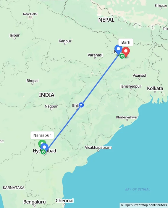 Route map showing distance and travel time from Narsapur, India to Barh, India