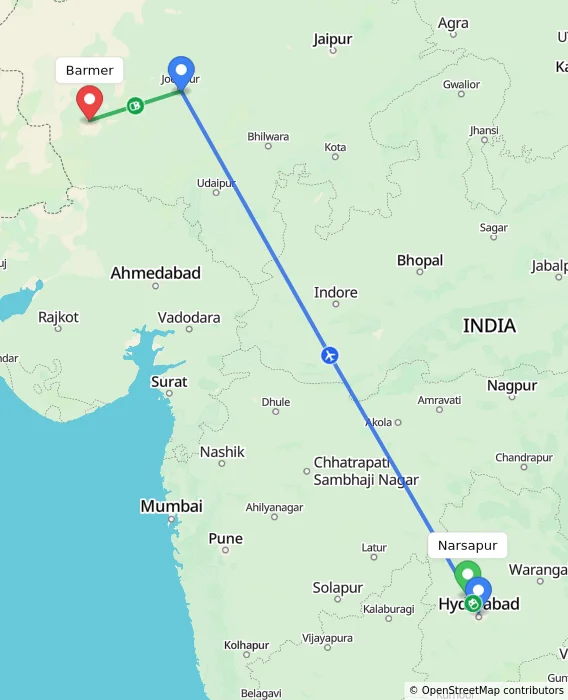 Route map showing distance and travel time from Narsapur, India to Barmer, India