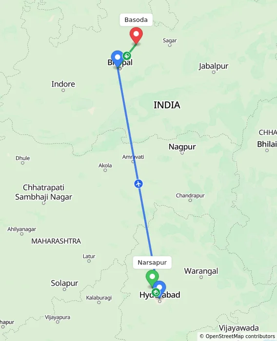 Route map showing distance and travel time from Narsapur, India to Basoda, India