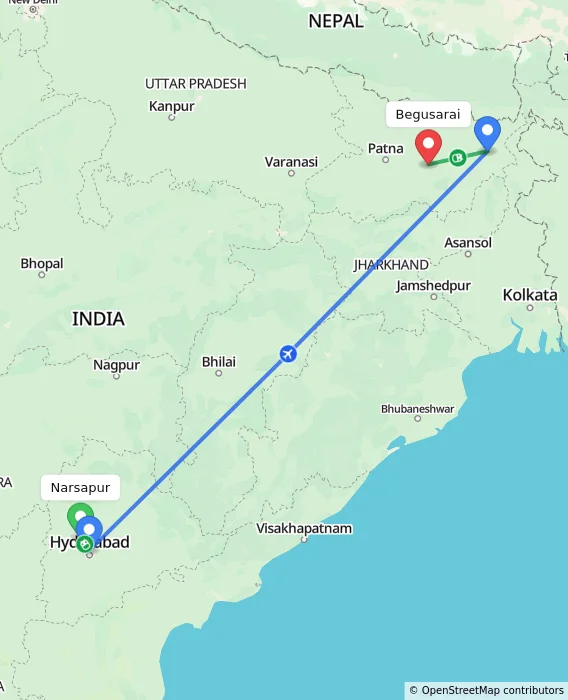 Route map showing distance and travel time from Narsapur, India to Begusarai, India