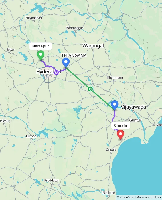 Route map showing distance and travel time from Narsapur, India to Chirala, India