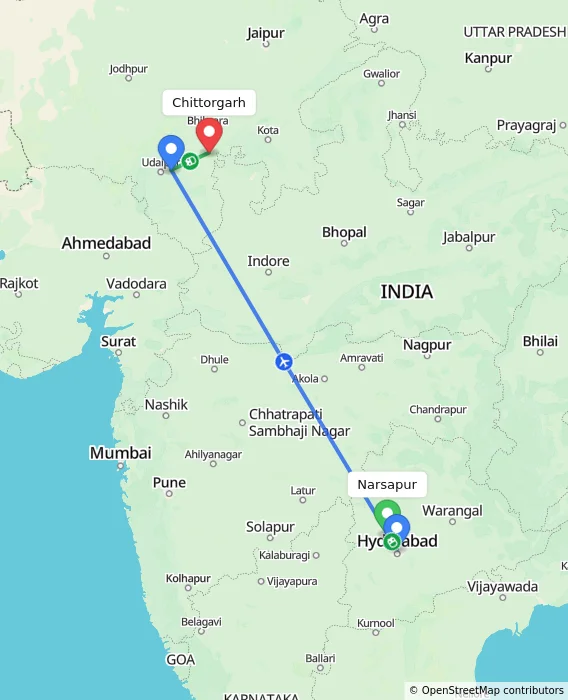 Route map showing distance and travel time from Narsapur, India to Chittorgarh, India