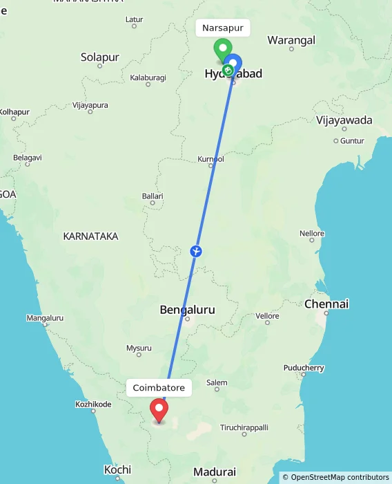 Route map showing distance and travel time from Narsapur, India to Coimbatore, India