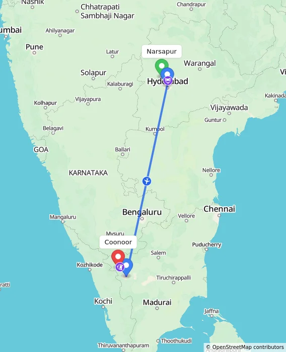 Route map showing distance and travel time from Narsapur, India to Coonoor, India