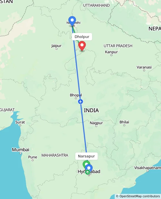 Route map showing distance and travel time from Narsapur, India to Dholpur, India